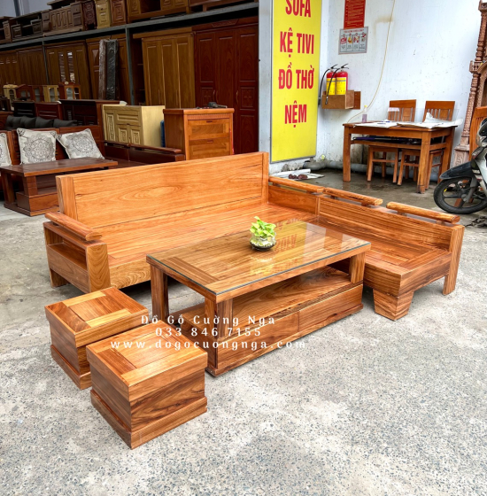 Bàn Ghế Sofa Gỗ Hương Xám Góc L 2mx1m8 Hiện Đại