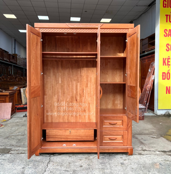 Tủ áo gỗ hương đá - 3 cánh mẫu đồng tiền 