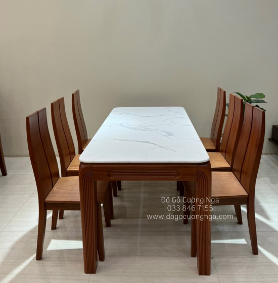 Bộ bàn ăn gỗ Xoan Đào mặt đá 1m6 - 6 ghế chân soi BG 035