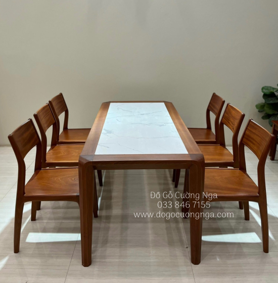 Bộ bàn ăn gỗ xoan đào mặt đá 6 ghế - chân hươu BG 050