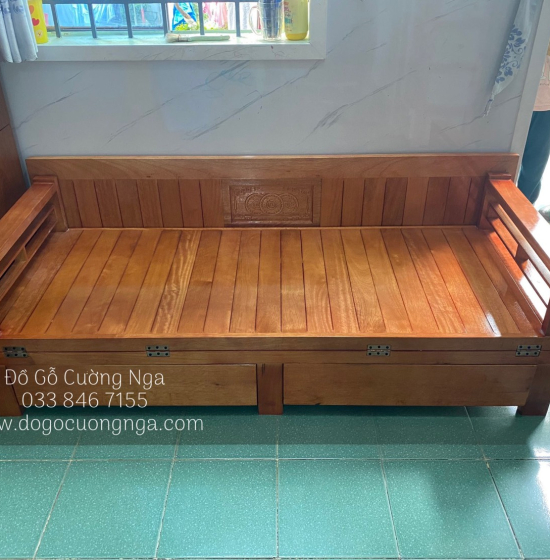 Giường gấp ô kéo gỗ sồi 1m2x1m9 - màu cánh gián 
