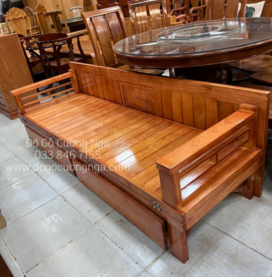 Giường gấp ô kéo gỗ sồi 1m2x1m9 - màu cánh gián 