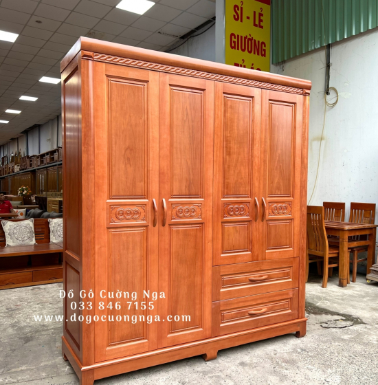 Tủ Quần Áo Gỗ Xoan Đào 4 Cánh Hiện Đại - Đồng Tiền 