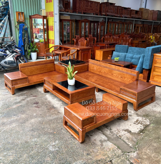 Bàn Ghế Sofa 2 Văng Gỗ Sồi Nga Lau Màu Hương Kèm Nệm - Chân Hươu