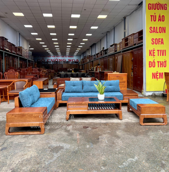Bàn Ghế Sofa 2 Văng Gỗ Sồi Nga Lau Màu Hương Kèm Nệm - Chân Hươu
