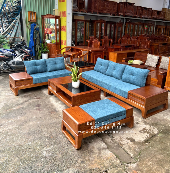 Bàn Ghế Sofa Gỗ Sồi Nga Lau Màu Hương - Ghế 2 Văng Kèm Nệm 
