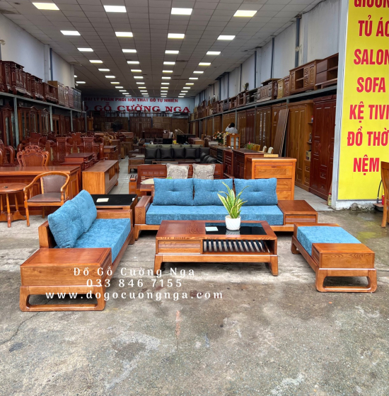 Bàn Ghế Sofa 2 Văng Gỗ Sồi Nga Lau Màu Hương Kèm Nệm - Chân Hươu