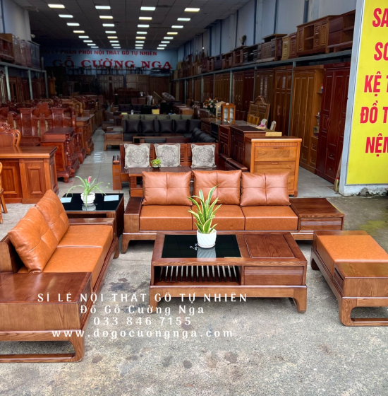 Bộ Bàn Ghế Sofa Gỗ Sồi Nga Mẫu 2 Văng Choãi - Màu Óc Chó SF 077