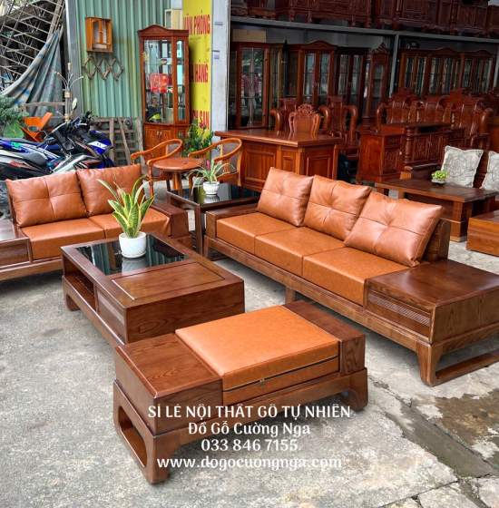 Bàn Ghế Sofa 2 Văng Gỗ Sồi Nga Lau Màu Hương Kèm Nệm - Chân Hươu