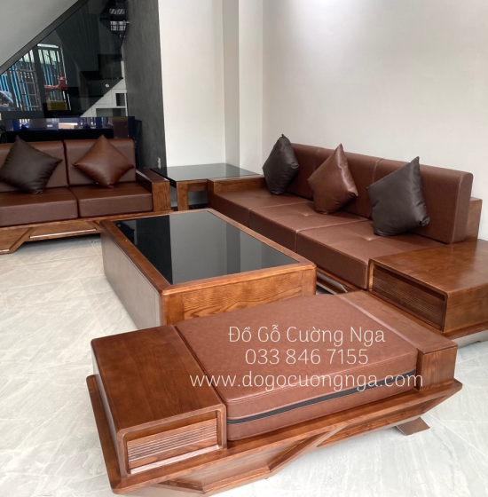 Bộ Bàn Ghế Sofa 2 Văng Thuyền Gỗ Sồi Nga Lau Màu Óc Chó Kèm Nệm