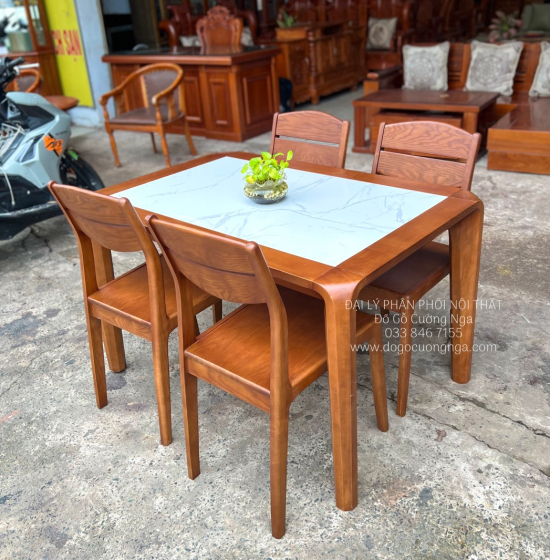 Bọ Bàn Ăn Gỗ Sồi Nga 4 Ghế Mặt Đá - Lau Màu Óc Chó Hiện Đại 