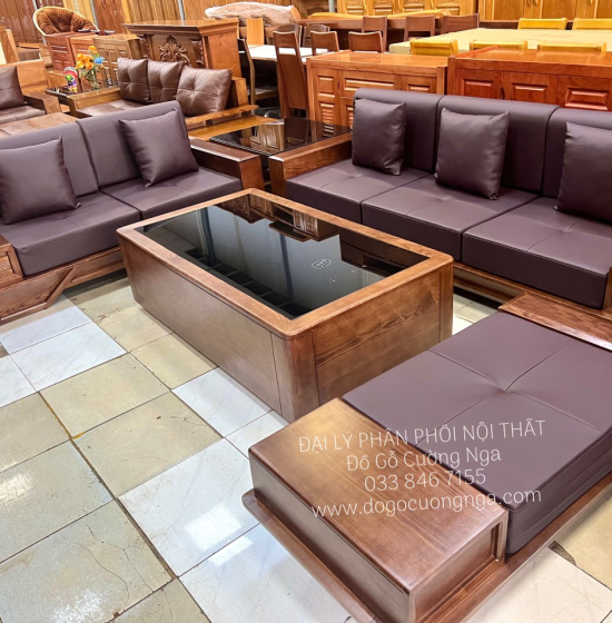 Bộ Bàn Ghế Sofa 2 Văng Thuyền Gỗ Sồi Nga Lau Màu Óc Chó Kèm Nệm
