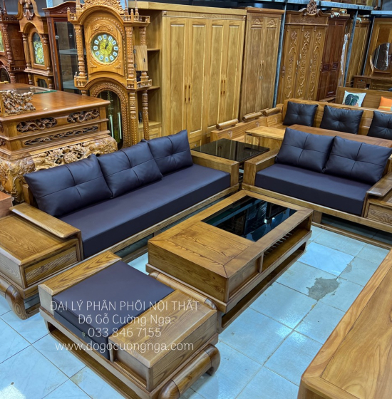 Bộ Ghế Sofa Hai Văng Gỗ Sồi Nga Lau Màu Hương Cao Cấp 