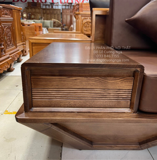 Bộ Bàn Ghế Sofa Gỗ Sồi Nga Lau Màu Óc Chó Sơn Inchen - 2 Văng Thuyền SF 072