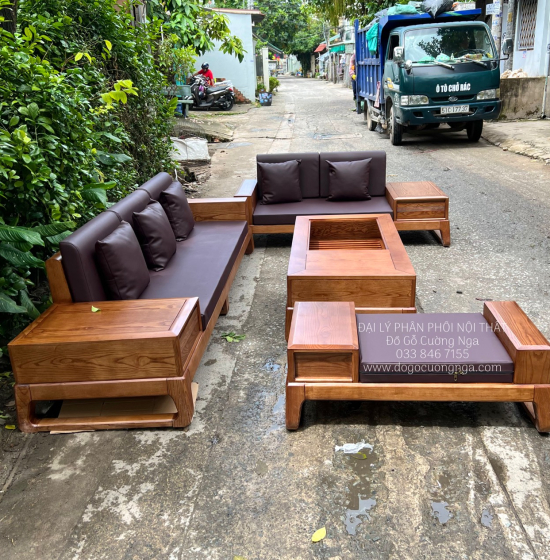 Bàn Ghế Sofa 2 Văng Gỗ Sồi Nga Lau Màu Hương Kèm Nệm - Chân Hươu