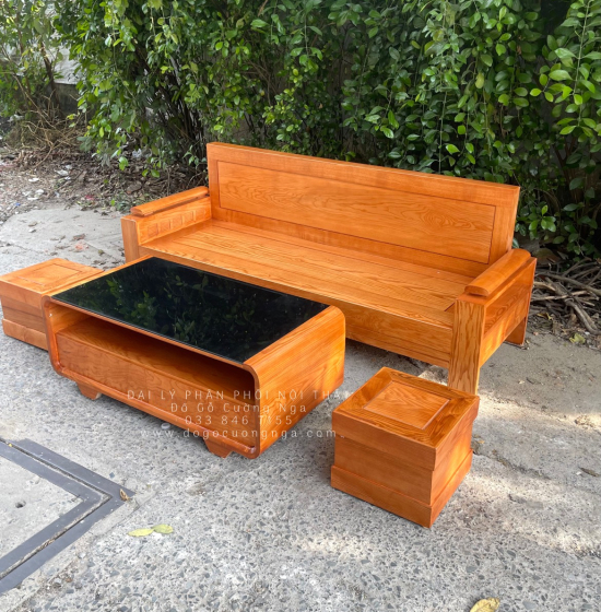 Ghế Sofa Gỗ Sồi Một Văng Nhỏ Gọn Lau Màu Gõ Đỏ - Lưng Liền 