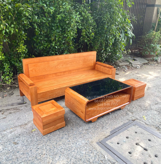 Ghế Sofa Góc L Gỗ Sồi Nga Lau Màu Gõ Đỏ 2mx1m8 - Bàn Hiện Đại