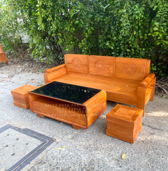 Bàn Ghế Sofa Gỗ Sồi Nga Lau Màu Gõ Đỏ Văng 2m - Tựa Trống Đồng