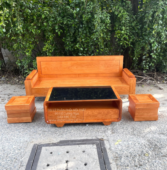 Ghế Sofa Gỗ Sồi Một Văng Nhỏ Gọn Lau Màu Gõ Đỏ - Lưng Liền 