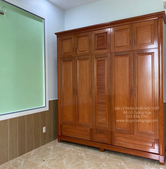 Tủ quần áo gỗ xoan đào 5 cánh - 2 tầng lá sách 