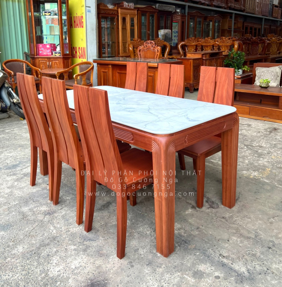Bộ bàn ăn gỗ Xoan Đào mặt đá 1m6 - 6 ghế chân soi BG 035