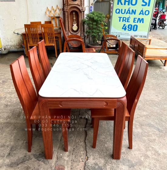 Bộ bàn ăn gỗ Xoan Đào mặt đá 1m6 - 6 ghế chân soi BG 035