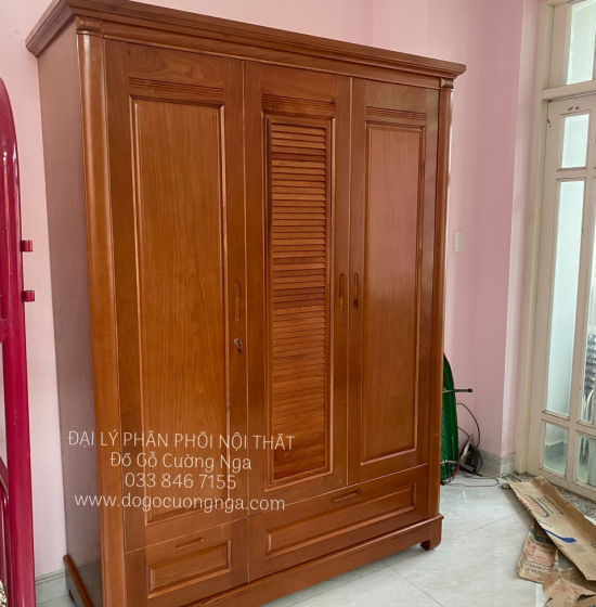 Tủ quần áo gỗ xoan đào 3 cánh 1m6 - mẫu lá sách 