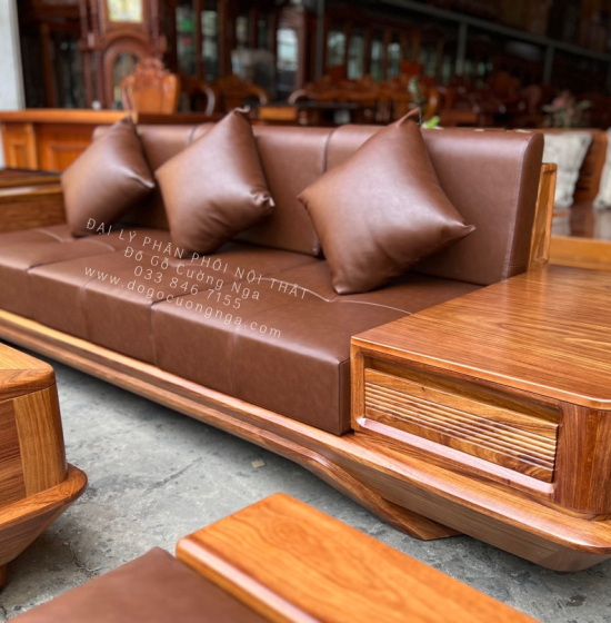 Bàn Ghế Sofa Gỗ Hương Vàng 2 Văng Chân Thuyền Nệm Cao Cấp 