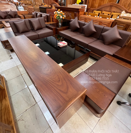 Bàn Ghế Sofa Gỗ Hương Vàng 2 Văng Chân Thuyền Nệm Cao Cấp 