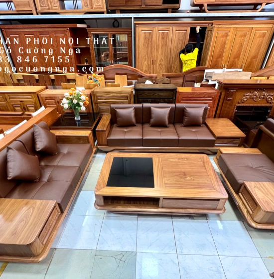 Bàn Ghế Sofa Gỗ Hương Vàng 2 Văng Chân Thuyền Nệm Cao Cấp 