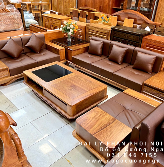 Bàn Ghế Sofa Gỗ Hương Vàng 2 Văng Chân Thuyền Nệm Cao Cấp 