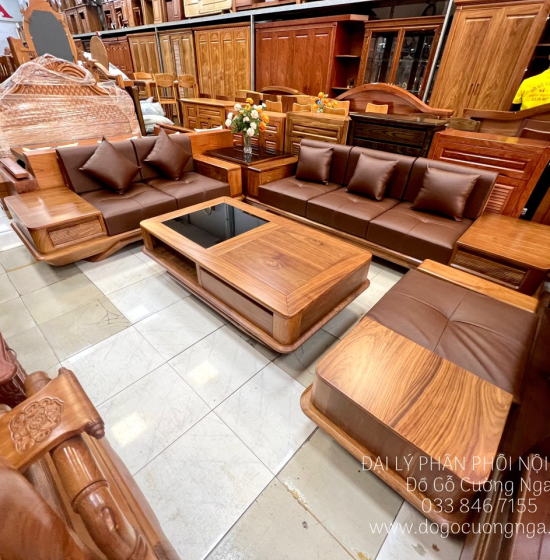Bàn Ghế Sofa Gỗ Hương Vàng 2 Văng Chân Thuyền Nệm Cao Cấp 