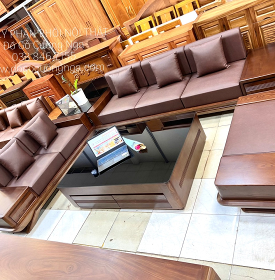 Bộ Ghế Sofa Gỗ Sồi Nga Lau Màu Óc Chó 2 Văng Thuyền 