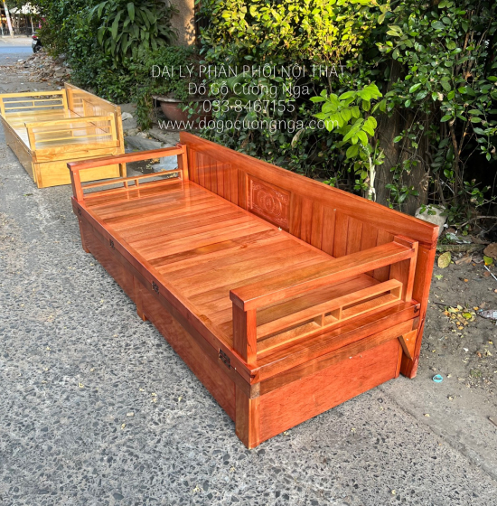 Giường gấp ô kéo gỗ sồi 1m2x1m9 - màu cánh gián 