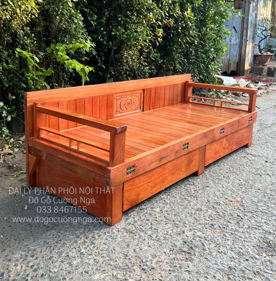Giường gấp ô kéo gỗ sồi 1m2x1m9 - màu cánh gián 