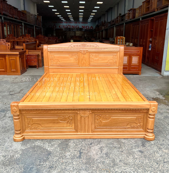 Giường Gỗ Gõ Đỏ Cao Cấp 2 Ngăn Kéo Mẫu X Cong 
