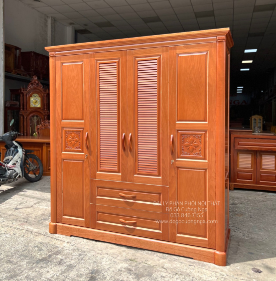 Tủ quần áo gỗ xoan đào 4 cánh hiện đại - hoa thị lá sách 