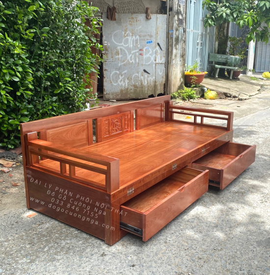 Giường Gấp Gỗ Xoan Đào Hiện 2 Ngăn Kéo Tựa Trơn 