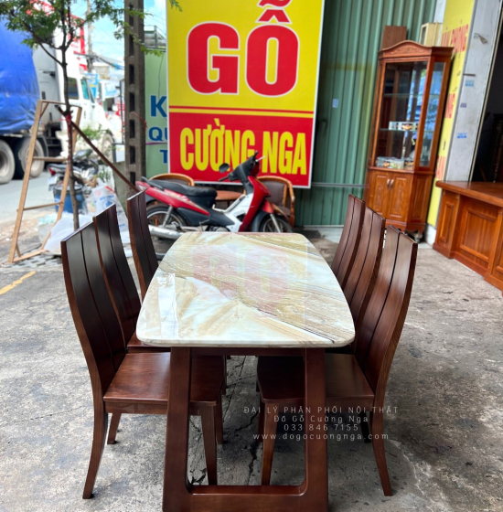 Bộ Bàn Ăn Gỗ Sồi Nga Mặt Đá 6 Ghế Hiện Đại 