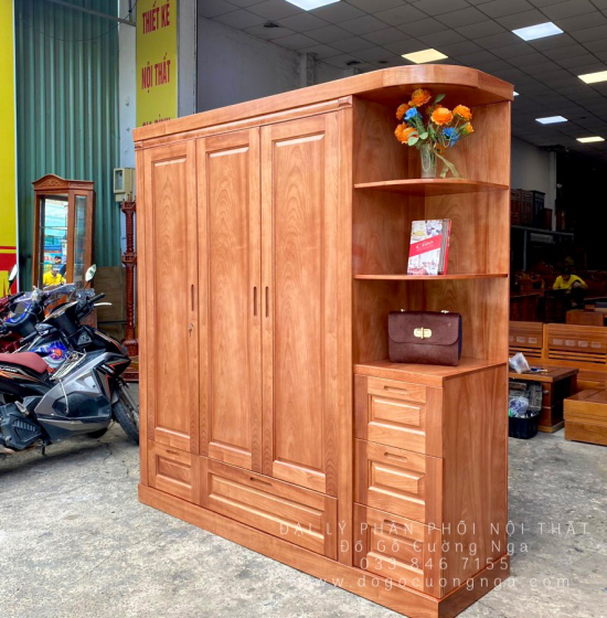 Tủ Quần Áo Gỗ Xoan Đào 3 Cánh 1m9 Kèm Kệ Trang Trí Hiện Đại 