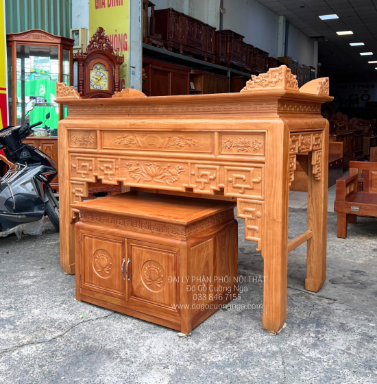 Bàn Thờ Gỗ Gõ Đỏ 1m75 Kèm Bàn Cơm Đẹp Chất Lượng 