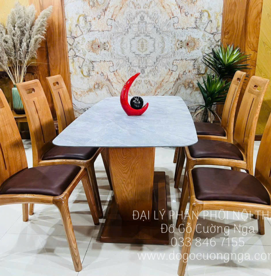 Bộ Bàn Ghế Ăn Gỗ Sồi Nga Lau Màu 6 Ghế Kết Hợp Mặt Đá Hiện Đại 