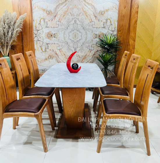 Bàn Ăn Gỗ Sồi Lau Màu Óc Chó Mặt Đá 6 Ghế Cao Cấp Mẫu Mới