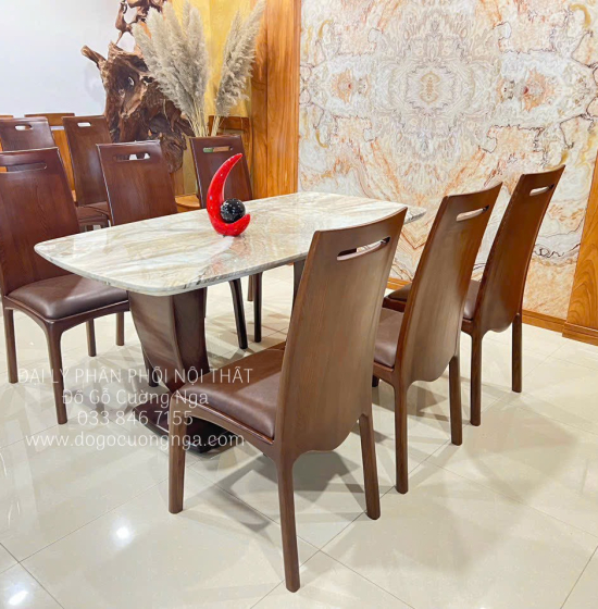 Bàn Ăn Gỗ Sồi Lau Màu Óc Chó Mặt Đá 6 Ghế Cao Cấp Mẫu Mới