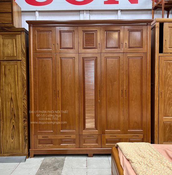 Tủ quần áo gỗ xoan đào 5 cánh - 2 tầng lá sách 