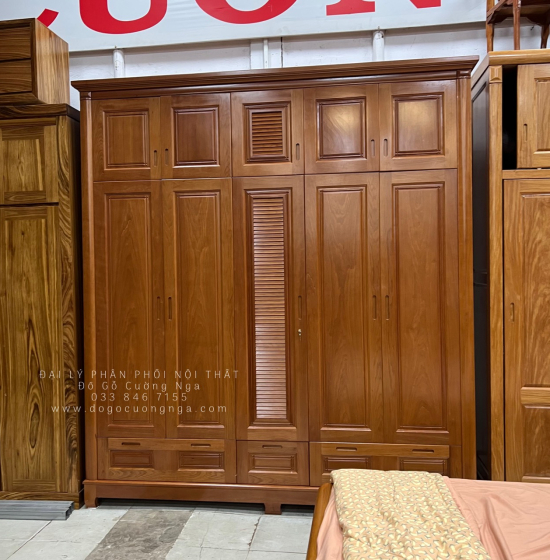 Tủ quần áo gỗ xoan đào 5 cánh - 2 tầng lá sách 