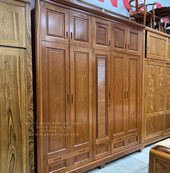 Tủ quần áo gỗ xoan đào 5 cánh - 2 tầng lá sách 