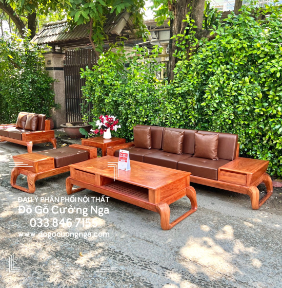 Sofa Gỗ Hương Đá Cao Cấp 2 Văng Choãi Kiểu Chữ U Sang Trọng 