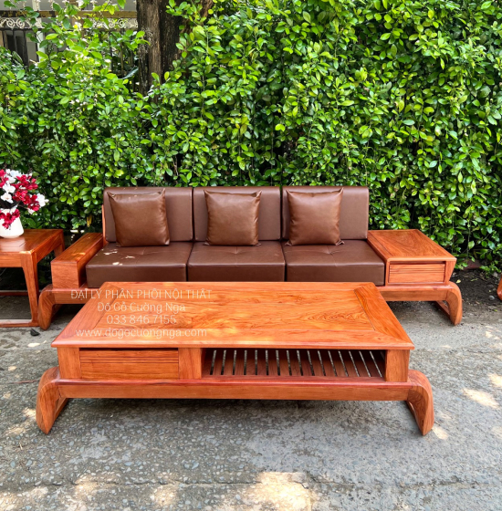 Sofa Gỗ Hương Đá  2 Văng Choãi Kèm Nệm Hiện Đại