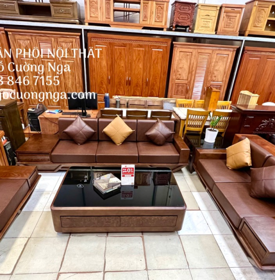 Bộ Bàn Ghế Sofa Gỗ Sồi Nga Lau Màu Óc Chó Sơn Inchen - 2 Văng Thuyền SF 072